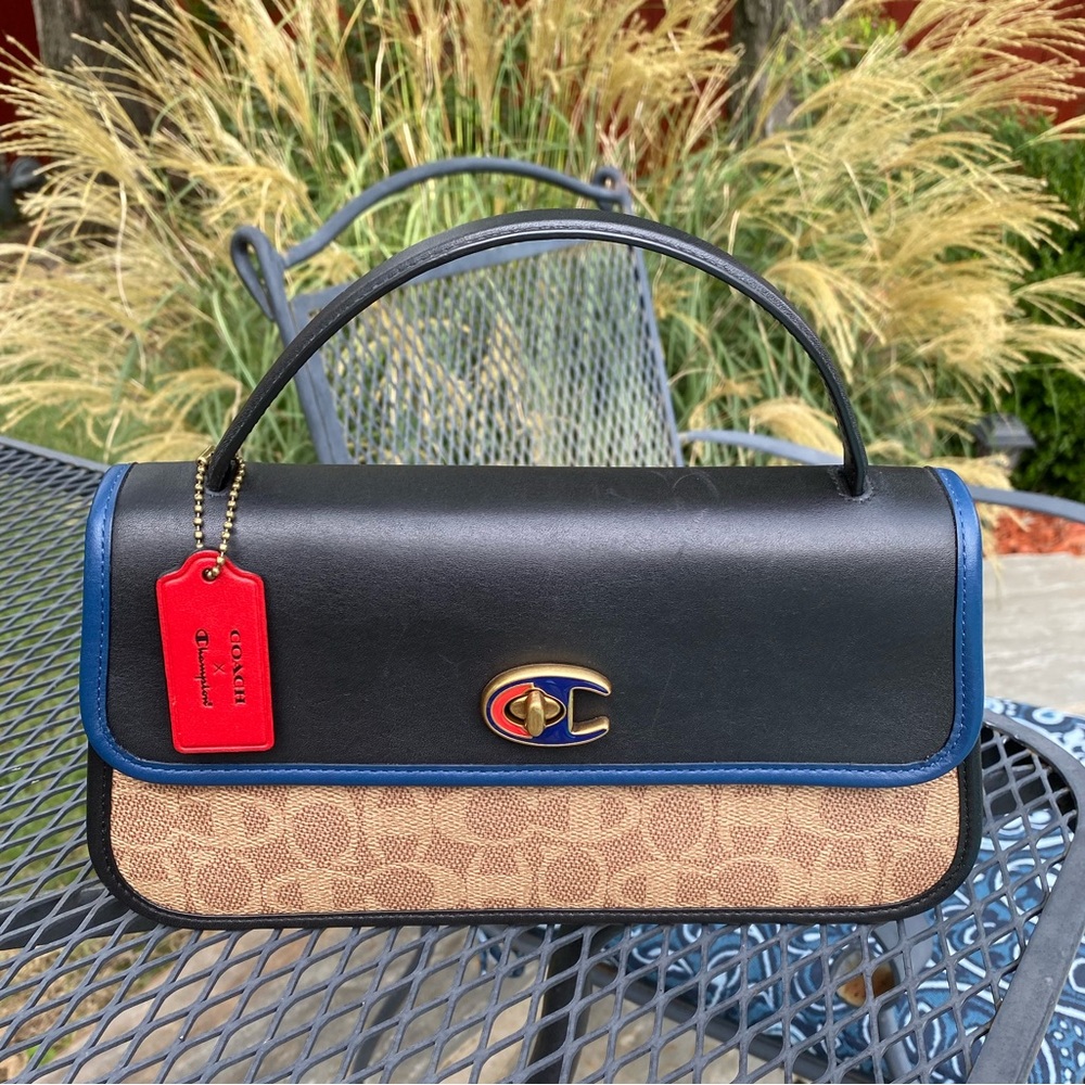 Coach Black, Tan & Blue Signature Top Handle Bag with Red Tag